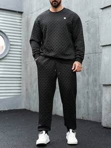 Manfinity Homme Men's Black Letter Embroidered Crew Neck Sweatshirt & Joggers Set, Casual & Commuter Daily Wear,Fall Clothes - Black - View 5