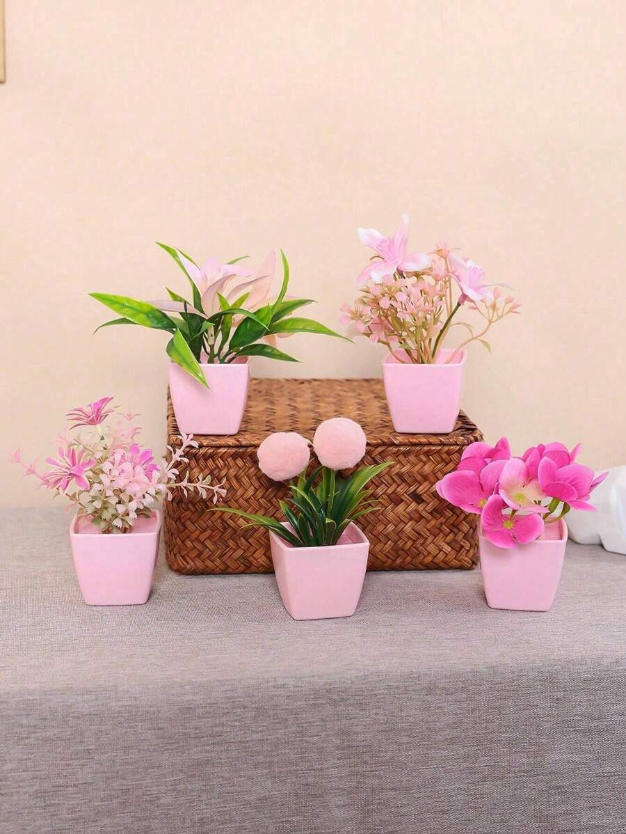 1pc仿真植物盆栽/5pcs盆栽组合家居玄关卧室浴室书柜窗台迷你可爱粉色派对装饰美观情人节礼物礼品生日毕业 - 粉色 - 查看 1
