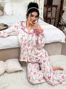 CottageSlumber Bộ đồ ngủ nữ họa tiết hoa màu hồng tương phản viền bèo nhún cổ áo và quần dài, bộ đồ ngủ cổ điển, trang phục thu đông ấm áp và thanh lịch - Hồng - Xem 6