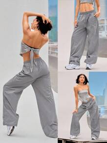 GLOWMODE Quần bó Studio Flow có túi dệt, cạp chun, có thể điều chỉnh độ mở ống quần, phản quang, rộng thùng thình, quá khổ, khiêu vũ, yoga, pilates, barre, trang phục thường ngày hàng ngày của Studio - Xám - Xem 8