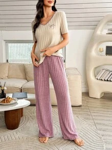SHEIN 女士V领刺绣短袖阔腿裤休闲套装，简约 - 杏色 - 查看 5