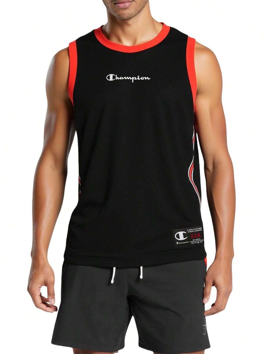 Champion Áo thun nam cổ tròn không tay họa tiết Colorblock thời trang mùa hè giản dị - màu đen - Xem 1