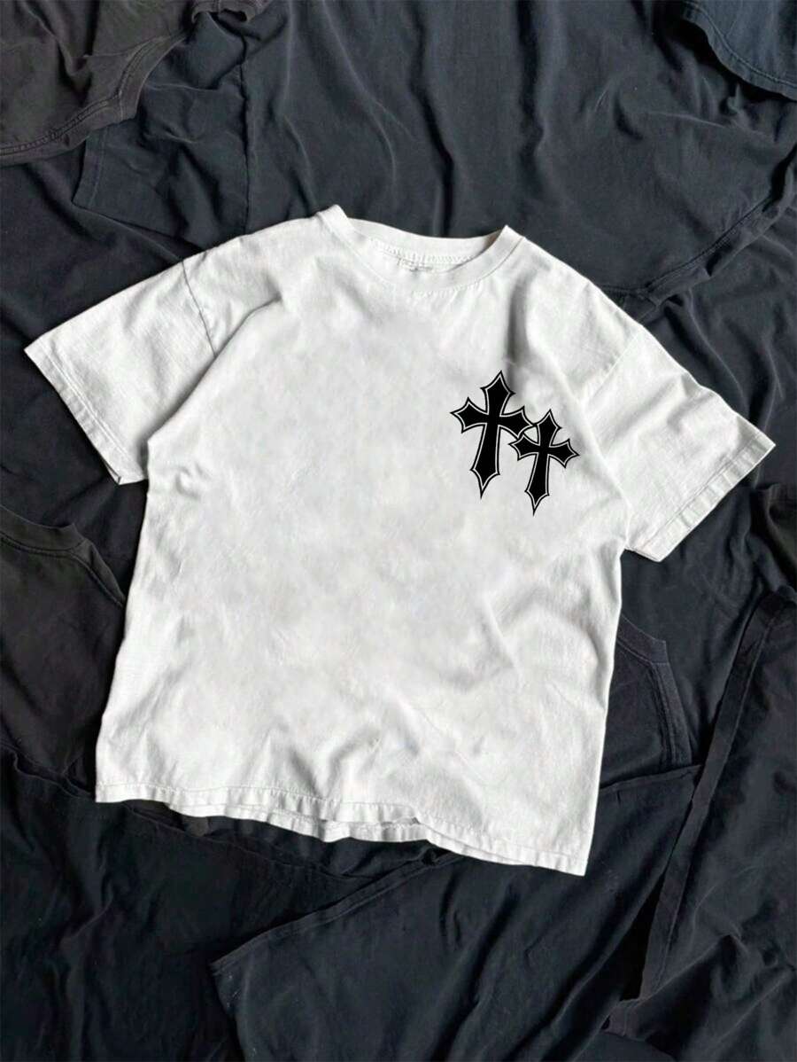 SHEIN Bolty Teen Boy Casual Cross Pattern Short Sleeve T-Shirt, Suitable For Summer - White - View 1