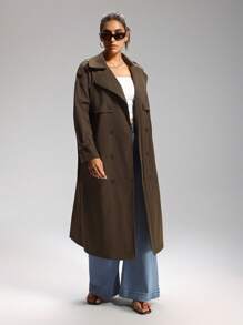 LYSMO Plus Size Solid Color Front Button Closure Long Sleeve Stand Collar Casual Trench Coat Winter Fall Autumn - Coffee Brown - View 5