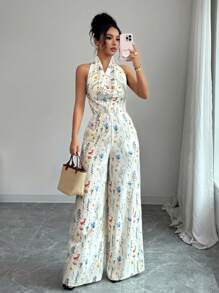 Rafferiza Damen Urlaubsoverall mit Blume Muster und Trägerhals, ärmellos - Aprikosenfarben - Übersicht 6