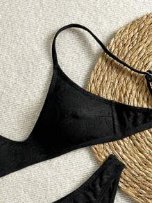 SHEIN ChicEase 女士夏季海滩度假纹理面料细肩带比基尼套装 - 黑色 - 查看 8