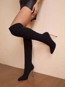 Daringsoles 女士尖头细高跟性感水钻闪亮派对靴过膝绒面黑色靴子，秋冬 - 黑色 - 查看 9