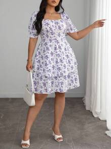 Elenzga Vestido plus size feminino estilo francês elegante, azul e branco, floral, bainha dupla, manga bolha, verão