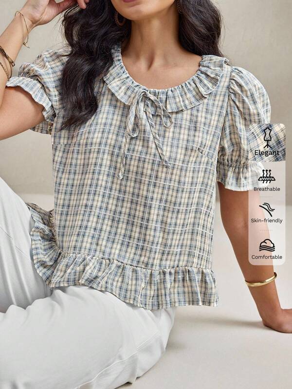 Wildy Blusa de mujer de verano con mangas abullonadas, lazo frontal y estampado de cuadros