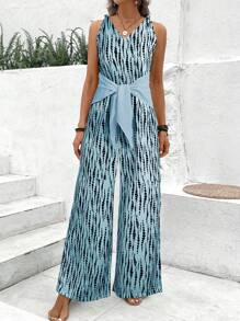 SHEIN Clasi V-Neck Twist Strap Women's All Over Allover Print Wide Leg Jumpsuit - Baby Blue - View 3