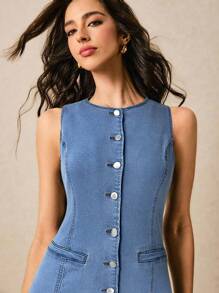 Poéselle 女式休闲前扣无袖牛仔连衣裙，夏季 - 淺色水洗藍 - 查看 4