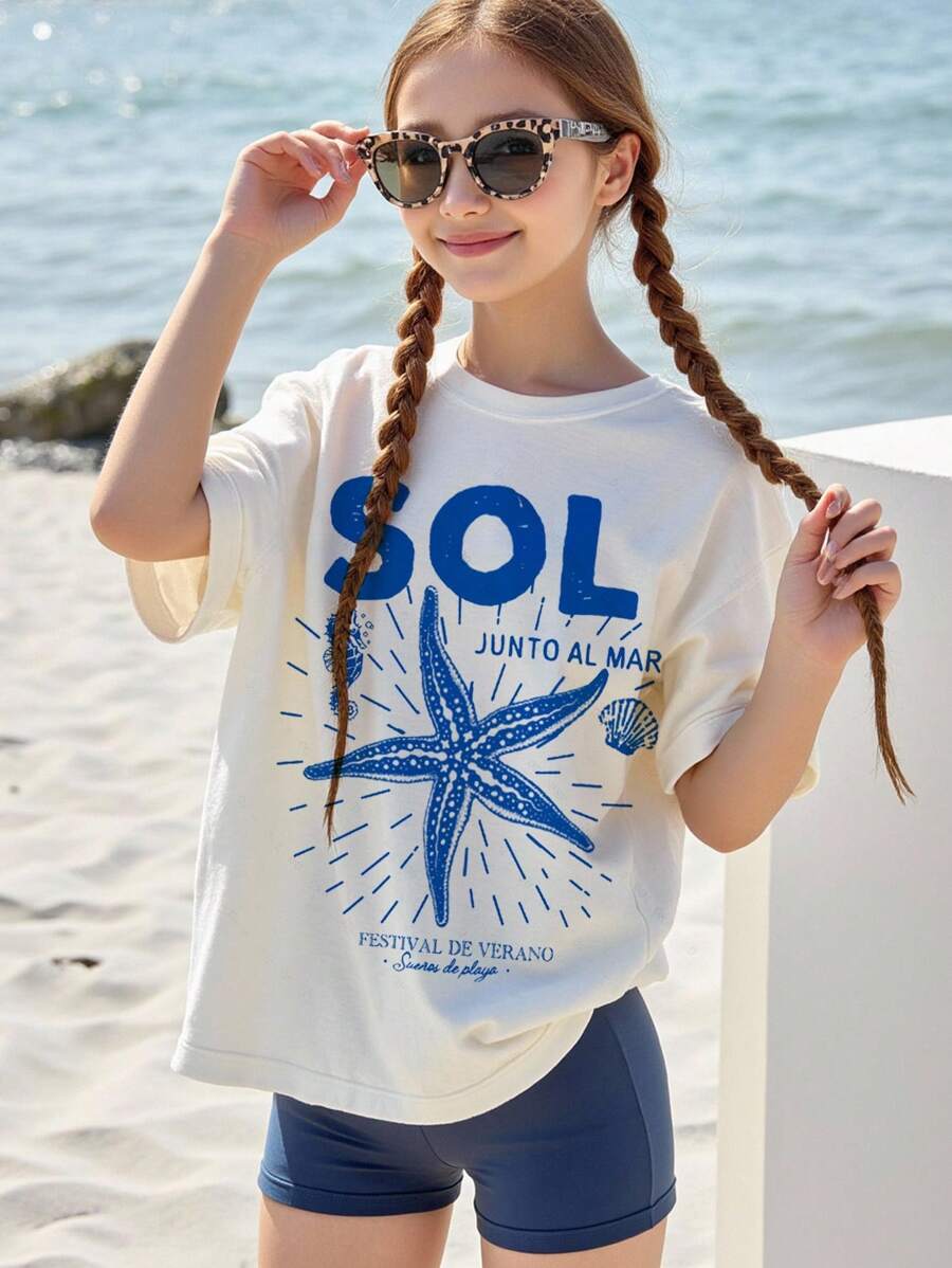 2 件套青少年女孩休闲简约五角星印花短袖宽松 T 恤和紧身裤套装,适合夏季 - 彩色 - 查看 1