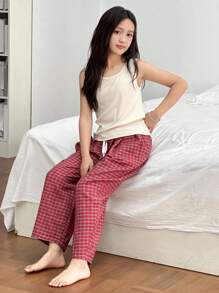 Dazy Kids 2 件套女童针织背心和梭织格子裤套装，秋季服装 - 米色 - 查看 3