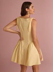 Enchnt 夏/秋浪漫女士奶油黄色蝴蝶结装饰褶饰荷叶边下摆无袖公主可爱迷你连衣裙 - 黃色 - 查看 7