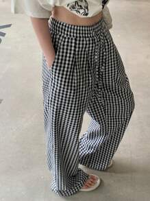 DAZY Women Elastic Waist Loose Plaid Casual Pants, Street & Urban Casual Trousers - Black - View 6