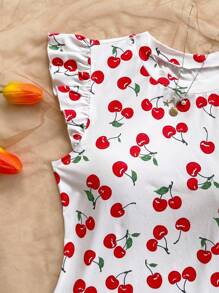 Soleia WYWH Vacation Ruffle Trim Ribbed White Knit Tee Cherry Shirt Cherry Top Cute Summer Tops Fruit Shirt Cute Short Sleeve Tops - Multicolor - View 5