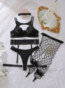 女士纯色镂空可调节性感内衣套装 - 黑色 - 查看 7