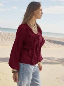 Aralina Ruffled V-Neck Long Sleeve Front Tie Blouse