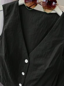 INAWLY 女士修身V領前扣袖口無袖上衣與口袋長褲夏季街頭風格2件裝 - 黑色 - 查看 4