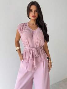 Firerie Women's Elegant Romantic Pleated Waist V-Neck Shirt And High Waist Long Pants 2 Pieces Suit Set, Fashion Commuting Daily Wear, Light Pink, Teacher Outfits For Women - Dusty Pink - View 5