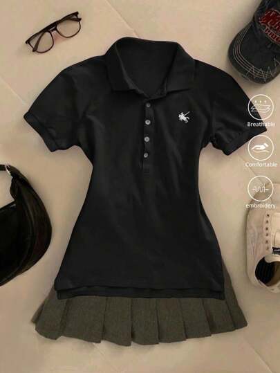 SHEIN Embroidered Polo Collar Fitted Women Blouse