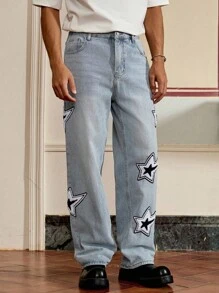 Mainfolk Men's Straight Leg Casual Jeans With Pentagram Patch Pockets - Blue - View 6