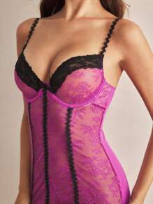 Charlaine Women's Romantic Sexy Sleepwear With Underwire, Princess Seam, Lace Patchwork, Contrast Color, Ruffle Hem, Lace, French/Italian Style - Purple - View 7