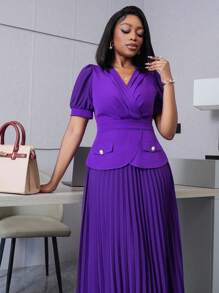 SHEIN Unity Women's Waist-Cinching Splice Pleated 2 In 1 Dress - Purple - View 4