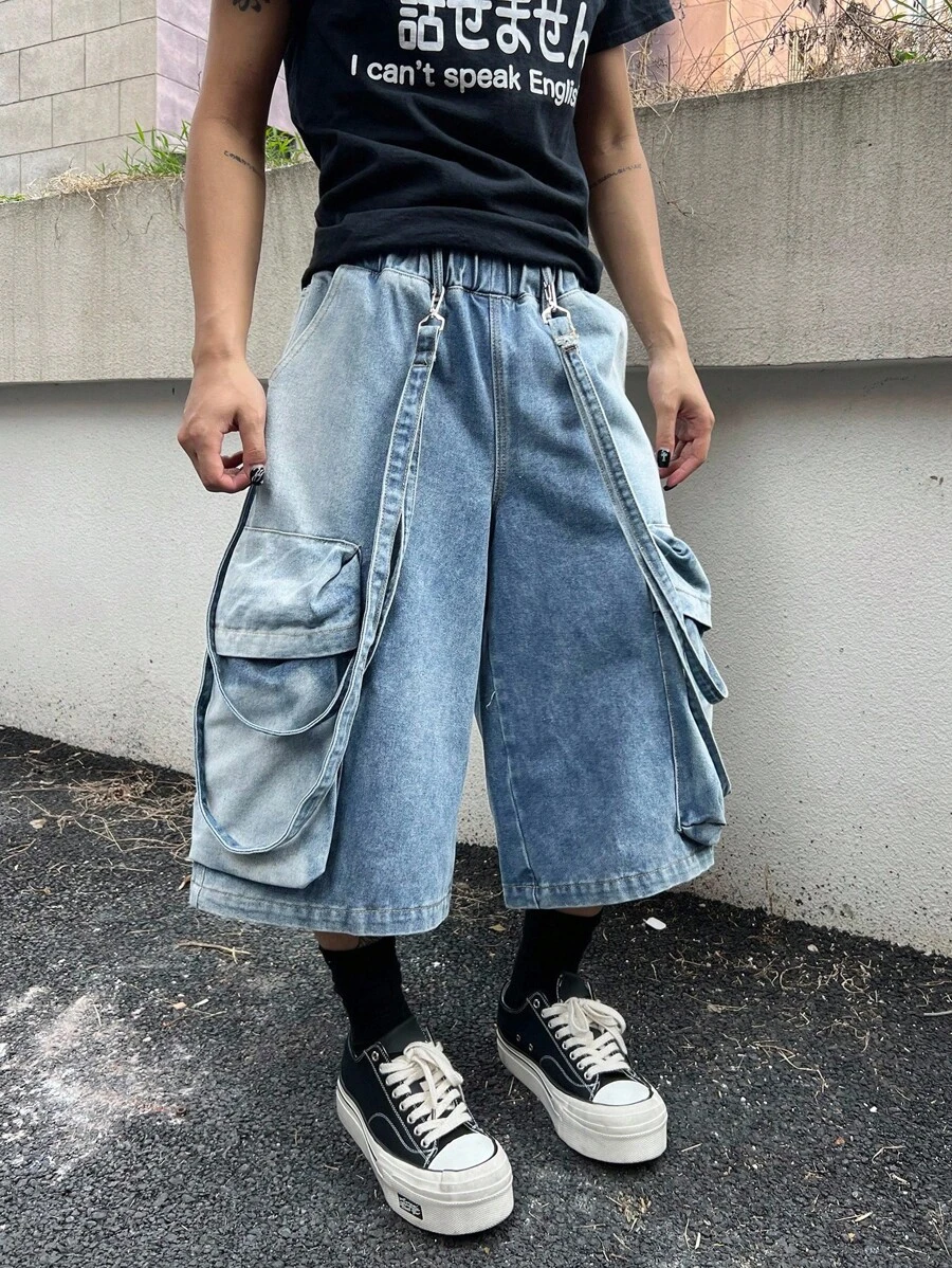 Manfinity EMRG 男士休闲街头时尚口袋阔腿牛仔短裤 - 淺色水洗藍 - 查看 1