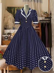 Sweetra Plus Size Romantic Polka Dot Colorblock Princess Dress - Royal Blue - View 1