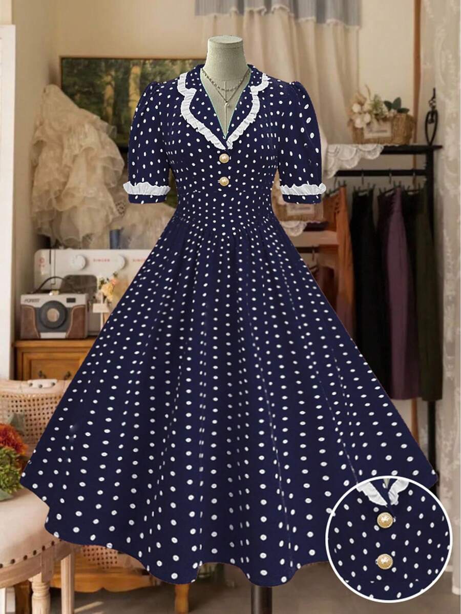 Sweetra Plus Size Romantic Polka Dot Colorblock Princess Dress - Royal Blue - View 1