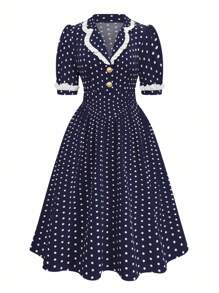 Sweetra Plus Size Romantic Polka Dot Colorblock Princess Dress - Royal Blue - View 3