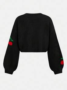 SHEIN Girlism Teen Girls Black & Red Cute Cherry Fruit Embroidery Pattern Versatile Knitted Cardigan Sweater Jacket,In Fall/Winter