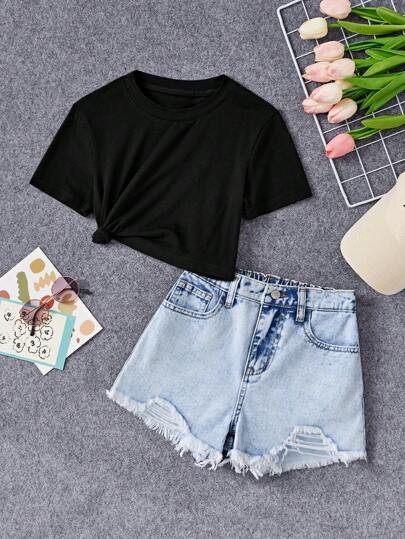 SHEIN Tween Girl Spring Summer Boho 2 Pieces Solid Short Sleeve Tee& Stonewashed Distressed Ripped Raw Hem Wrap Denim Shorts Set,Summer