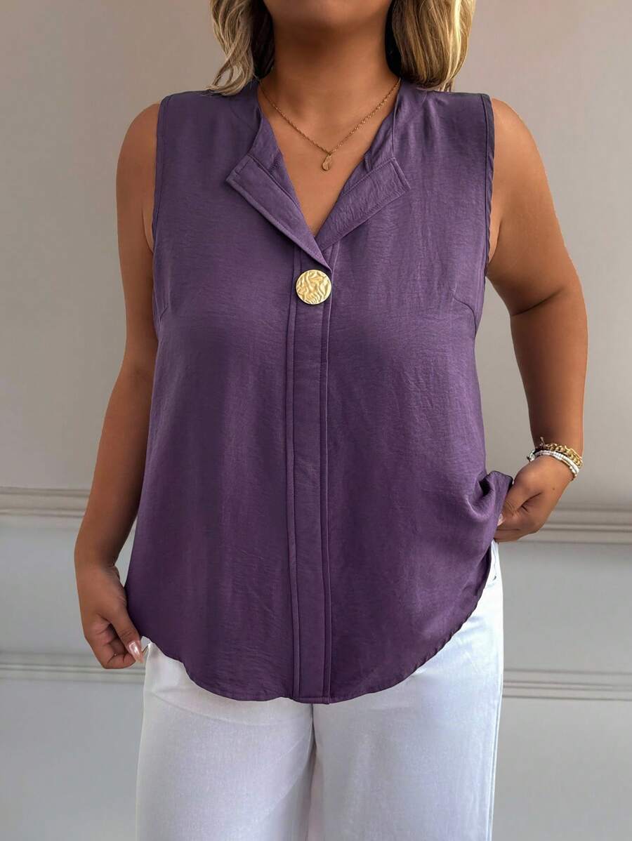 EMERY ROSE Plus Size Women Solid Color Casual V-Neck Sleeveless Metal Button Regular Tank Top - Purple - View 1
