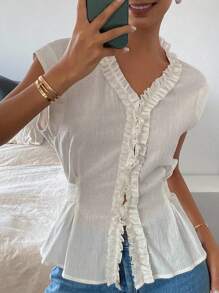 Livesso Women's Solid Color Ruched Flounce Waist Band V-Neck Casual Vacation Summer Top Blouse