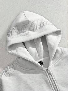 SWAVVY Men's Knitted Fashion Casual Loose English Embroidered Long Sleeve Hoodie, For Fall Winter - Light Grey - View 3