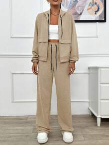 EURMUSE TWO PIECES TWO THREAD LIGHT GREY HOODIE SWEATSHIRT AND SWEATPANT WITH SPARKLE STONE DETAIL - Beige - View 6