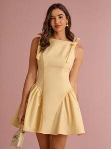 Enchnt 夏/秋浪漫女士奶油黄色蝴蝶结装饰褶饰荷叶边下摆无袖公主可爱迷你连衣裙 - 黃色 - 查看 3