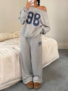SHEIN 少女两件套宽松针织露肩数字印花卫衣和阔腿运动裤，休闲校园街头风格 - 灰色 - 查看 4