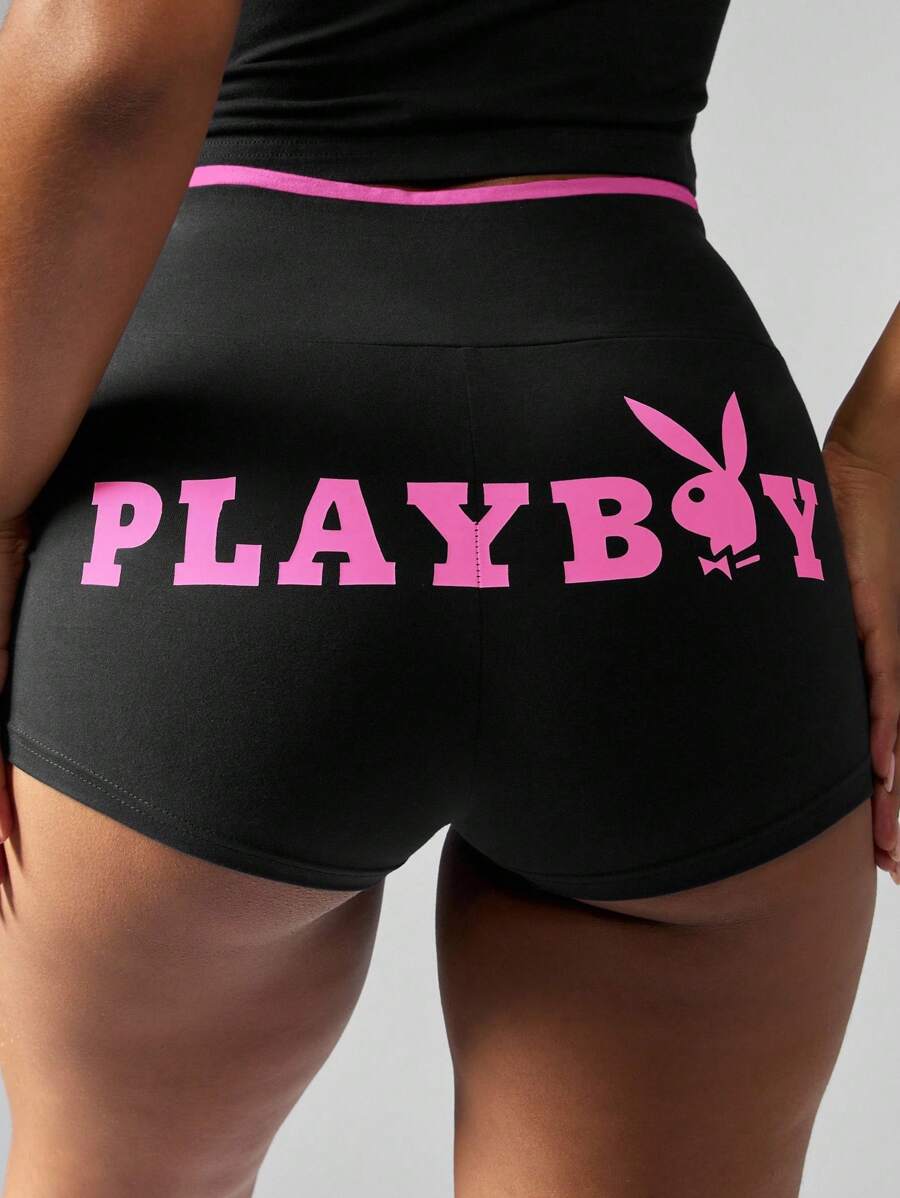 Missguided x Playboy High Waisted Style Fitness Booty Shorts Bottoms - Black - View 1
