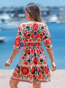 Sylviya Rave Outfits Concert Outfit Women Country Concert Outfit Rave Outfits Festival V-Neck Fitted Waist Ruffle Hem A-Line Flare Sleeve Colorful Floral Casual Resort Elegant Dress For Women, Spring/Summer,Vacation - Multicolor - View 2