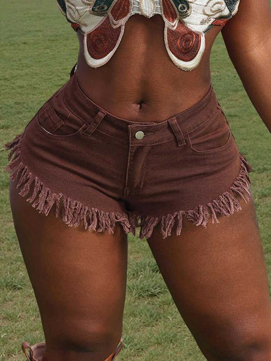 Slaydiva Quần short denim siêu ngắn cỡ lớn, giặt thường ngày, viền tua rua - Cà phê nâu - Xem 1