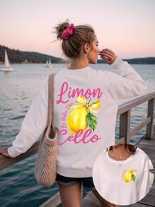 EMERY ROSE 大码女式“Limon Cello”字母图案长袖宽松休闲运动衫，可爱水果柠檬运动衫 - 白色 - 查看 1