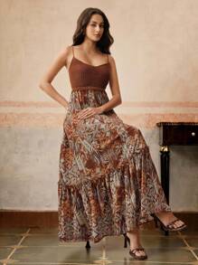 Anewsta 时尚海滩度假风针织拼接印花荷叶边连衣裙 - 彩色 - 查看 1