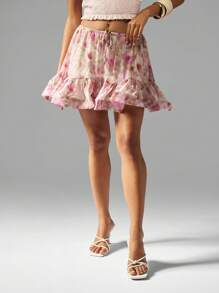 MISSGUIDED 花卉雪纺高腰荷叶边下摆迷你短裙夏季节日沙滩装飘逸派对波西米亚风格可爱短裙下装度假装 - 彩色 - 查看 4