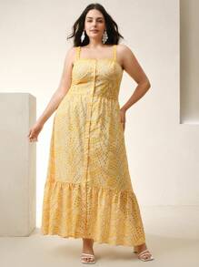 Anewsta 优雅荷叶边下摆镂空刺绣收腰A字连衣裙，浅黄色，适合海滩和度假穿着 - 黃色 - 查看 5