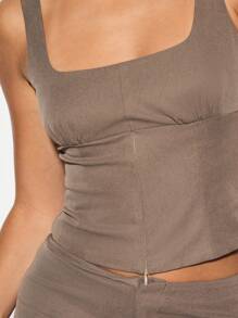 KIZN Gorsetowy top z kwadratowym dekoltem, zapinany na suwak, dopasowany, bez rękawów, swobodny, nowoczesny, jesienno-zimowy, letni, wiosenny, krótki top na każdą porę roku, niezbędny - Brązowy - Zobacz 4