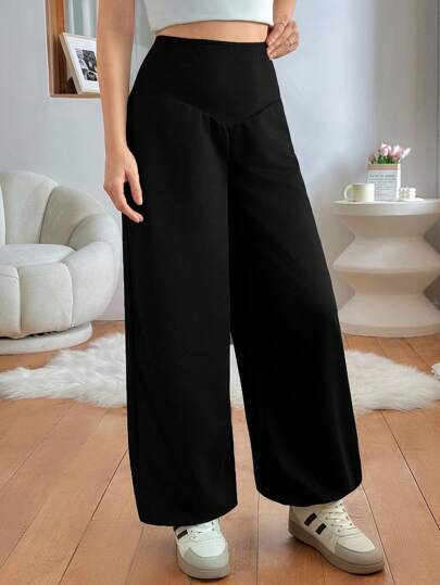 EURMUSE Woman Solid Color Knitting Fabric Fitted High Waist Gathered Weekend Going Casual Pants