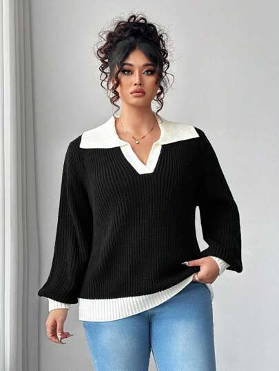 Elenzga 大码女式V领拼色二合一休闲毛衣上衣